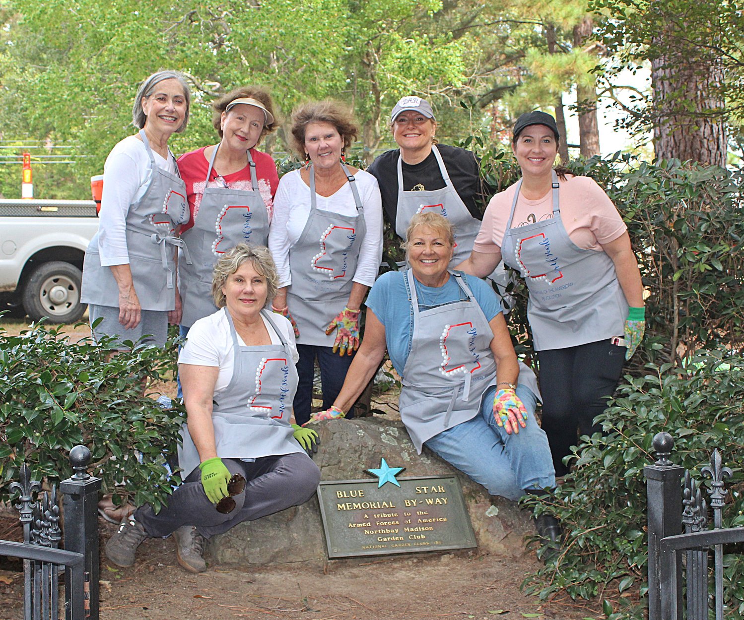 The chapter members, front Marcia Penn, Donna Russell, back row Sally Patterson, Amy Palmer, Chapter Regent Kay Ewing, Saundra Dewey and Shellye Barnes, joined with the Madison Parks and Recreation Department and Mayor Mary Hawkins Butler in the project.